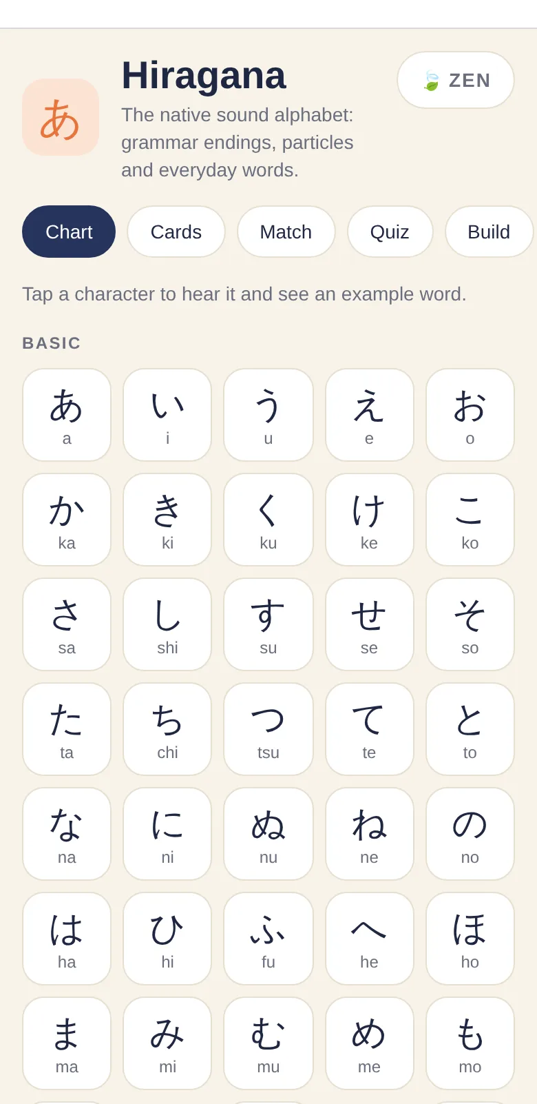 Hiragana chart with chart, cards, match, quiz and build modes